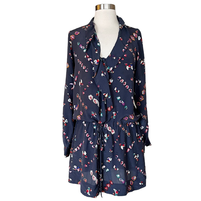 REBECCA TAYLOR SILK Mini Shirt Dress Cocktail Blue Floral Button Down Ruffles 8