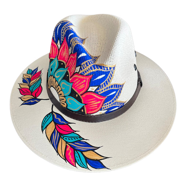 HAT MEXICAN Artisanal Hand Painted Fedora Mandala Sombrero Panama Bohemian White