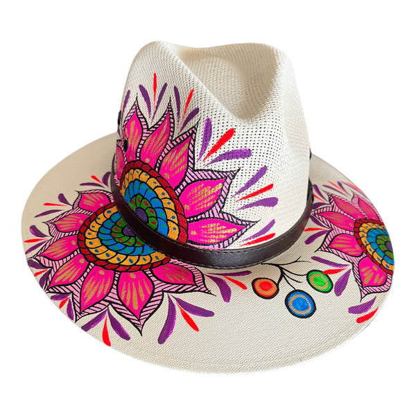 HAT MEXICAN Artisanal Hand Painted Fedora Mandala Sombrero Panama Bohemian White