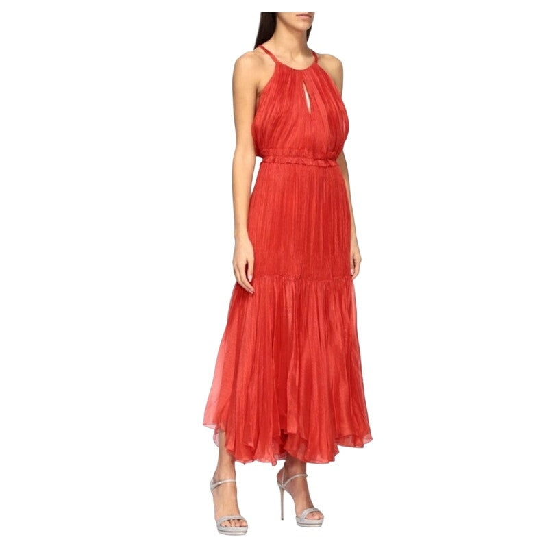 MARIA LUCIA HOHAN Maella Silk Tent Dress Red Chiffon Ruffled Plisse Halter Gown