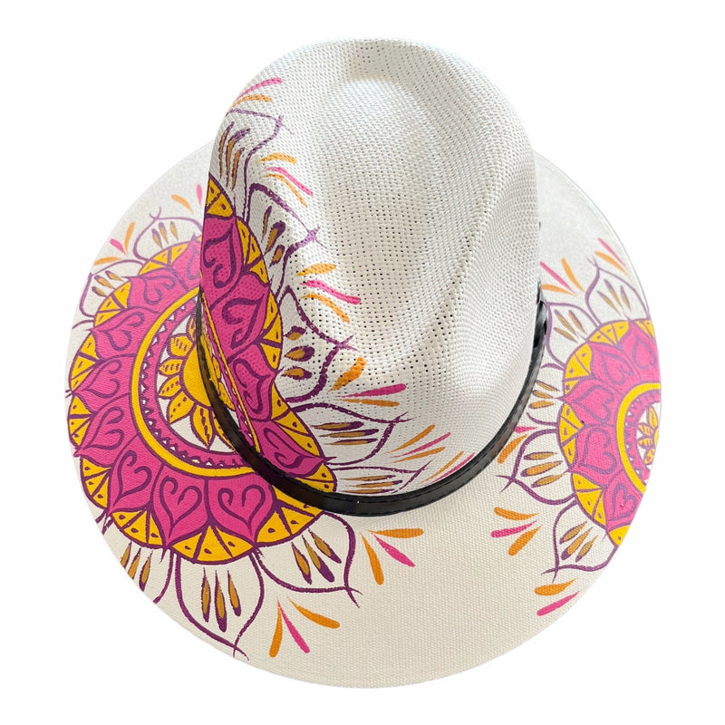 HAT MEXICAN Artisanal Hand Painted Fedora Mandala Sombrero Panama Bohemian White