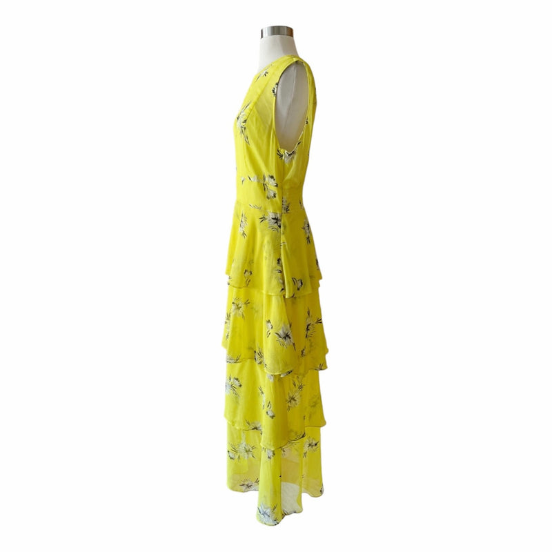 GREAT JONES Floral Silky Chiffon Tiered Dress Maxi Sleeveless Yellow Crew Neck