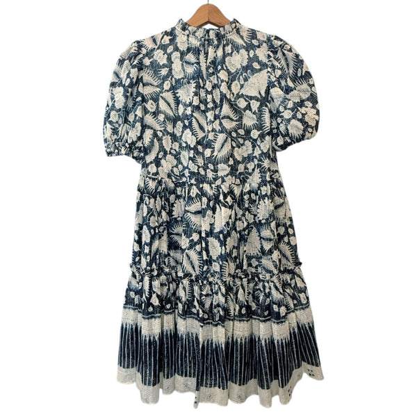ULLA JOHNSON Dahlia Dress Blue Batik Short Puff Sleeves Crew Neck Silk Lurex 2