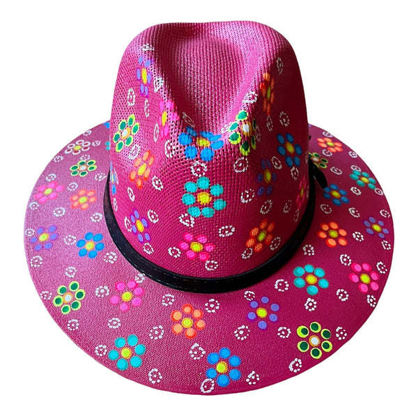 HAT MEXICAN Artisanal Hand Painted Fedora Floral Sombrero Panama Boho Pink Large