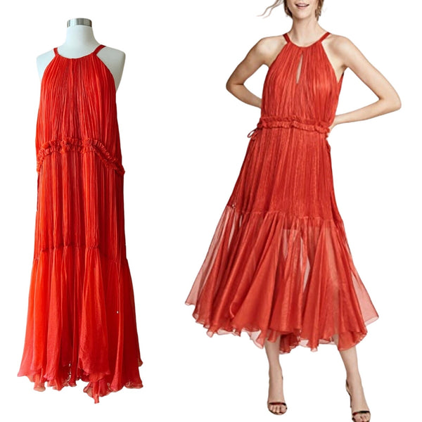 MARIA LUCIA HOHAN Maella Silk Tent Dress Red Chiffon Ruffled Plisse Halter Gown