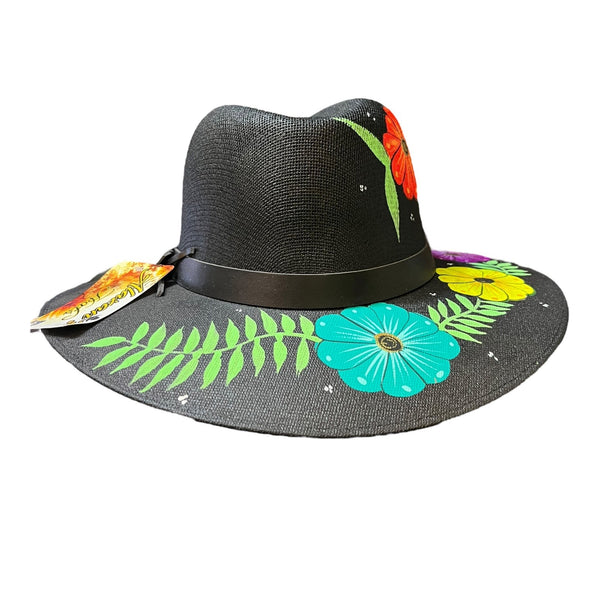 HAT MEXICAN Artisanal Hand Painted Fedora Floral Sombrero Panama Bohemian Black