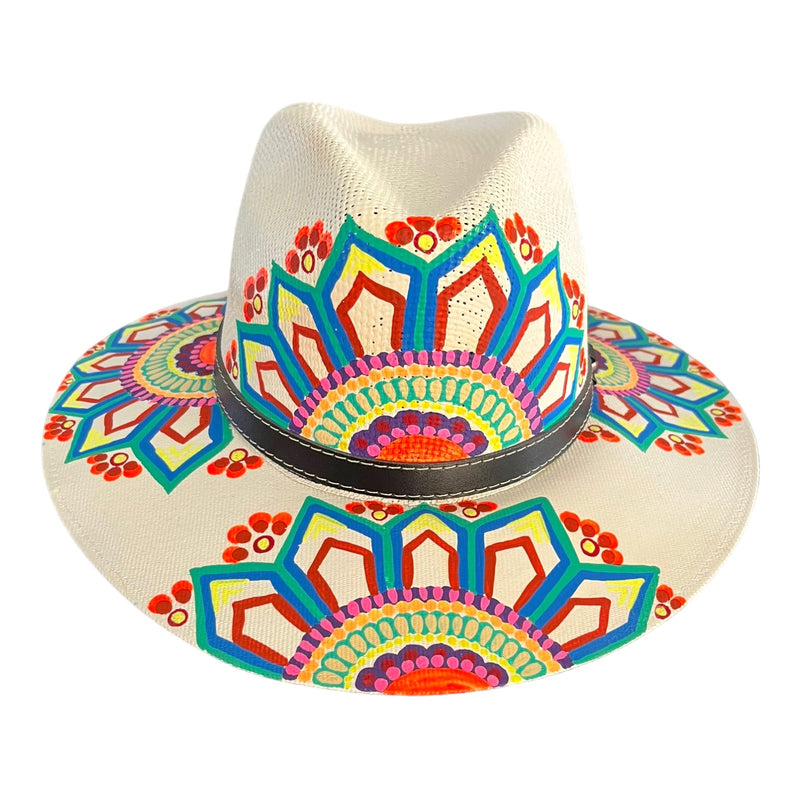 HAT MEXICAN Artisanal Hand Painted Fedora Mandala Sombrero Panama Bohemian White