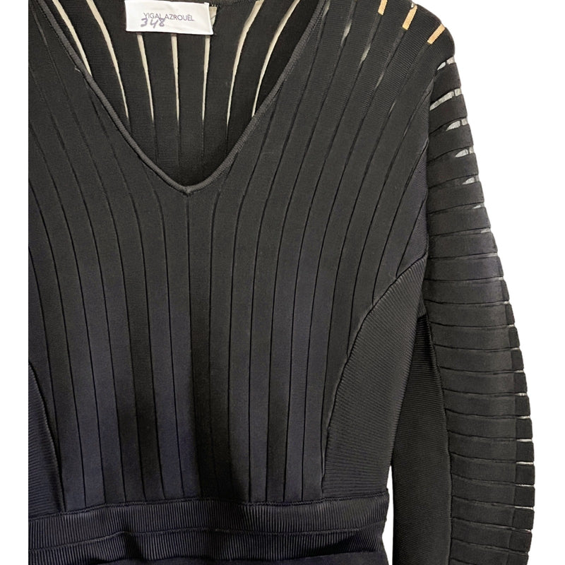 YIGAL AZROUEL Knit Dress Black V-Neck Sheath 3/4 Sleeves Designer Small EUC