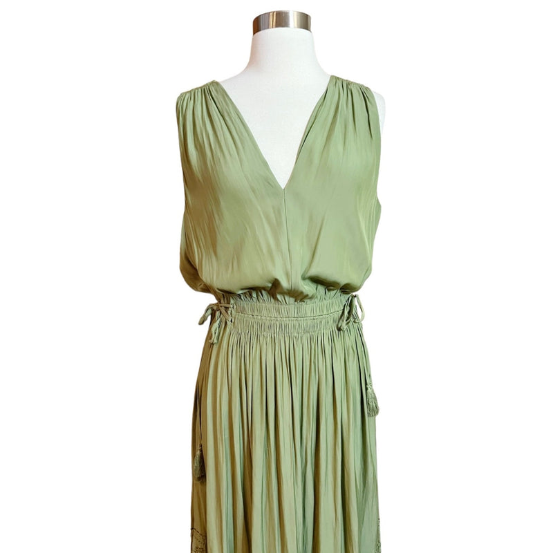 RAMY BROOK Hayley Green Dress V-Neck Drawstring Embroidered Hem Midi Large EUC