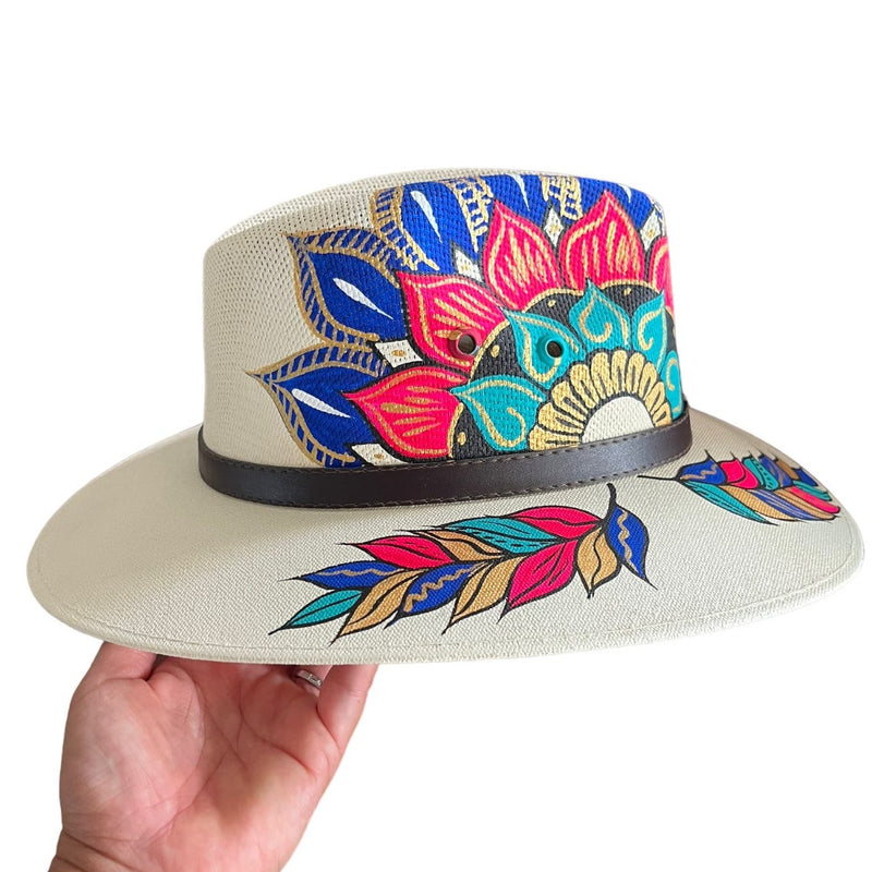 HAT MEXICAN Artisanal Hand Painted Fedora Mandala Sombrero Panama Bohemian White