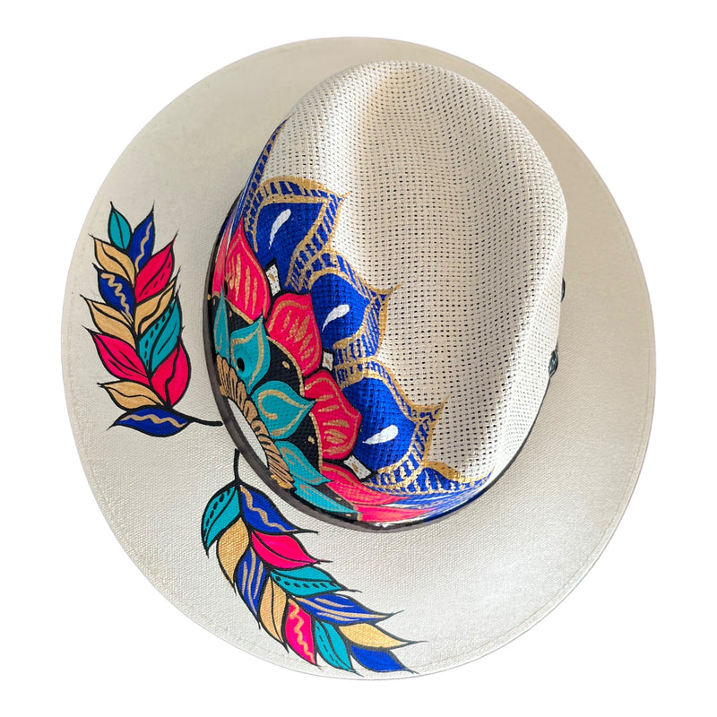 HAT MEXICAN Artisanal Hand Painted Fedora Mandala Sombrero Panama Bohemian White