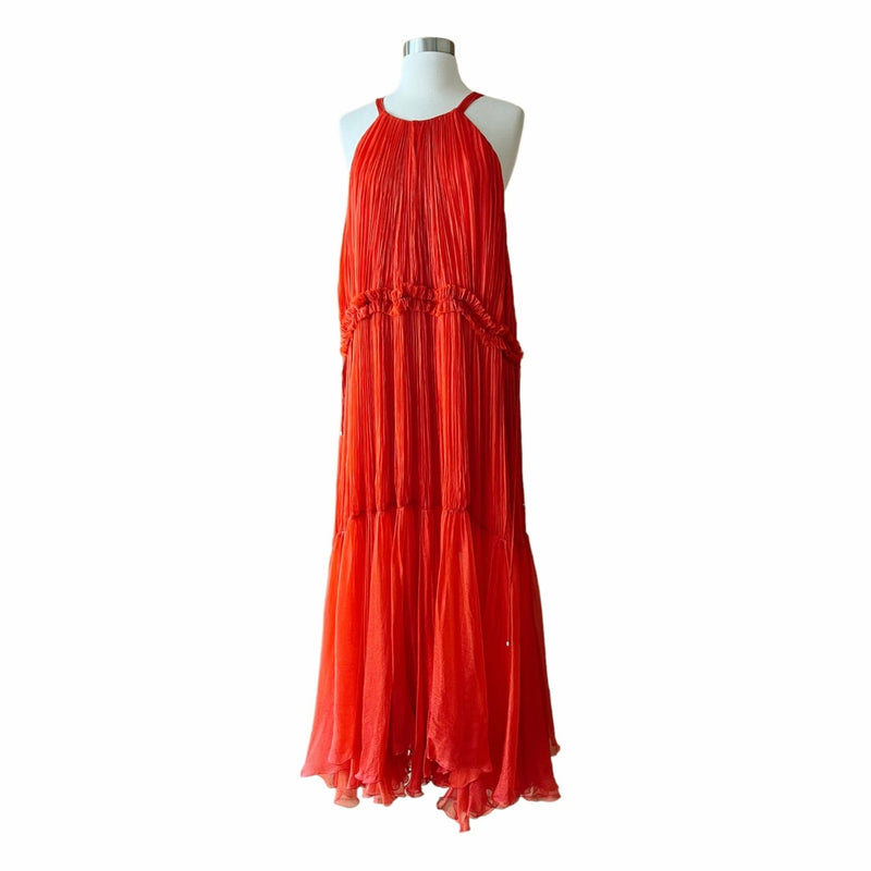 MARIA LUCIA HOHAN Maella Silk Tent Dress Red Chiffon Ruffled Plisse Halter Gown