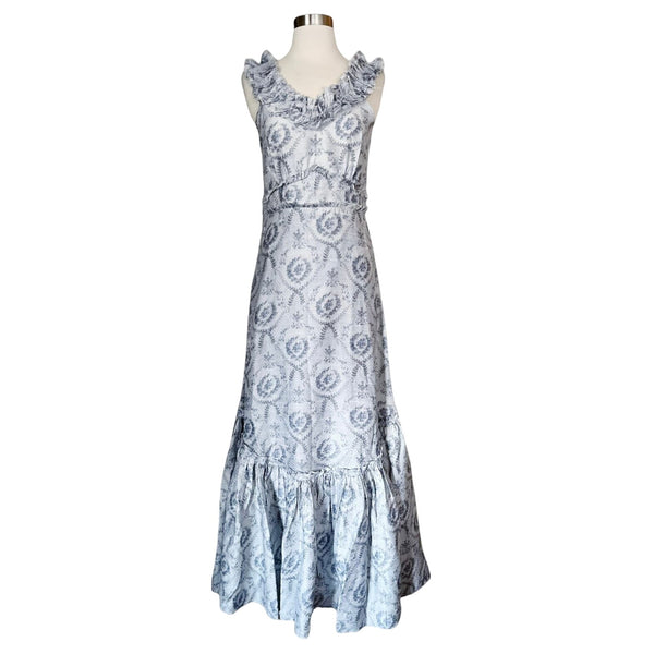 LOVESHACKFANCY Maxi Dress Gown Dupioni Silk Ruffles Sleeveless Gray Blue Sample