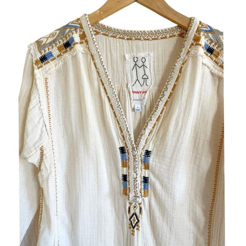 JOHNNY WAS Moby Gauze Tunic Embroidered V-Neck Long Bell Sleeves Cotton Small