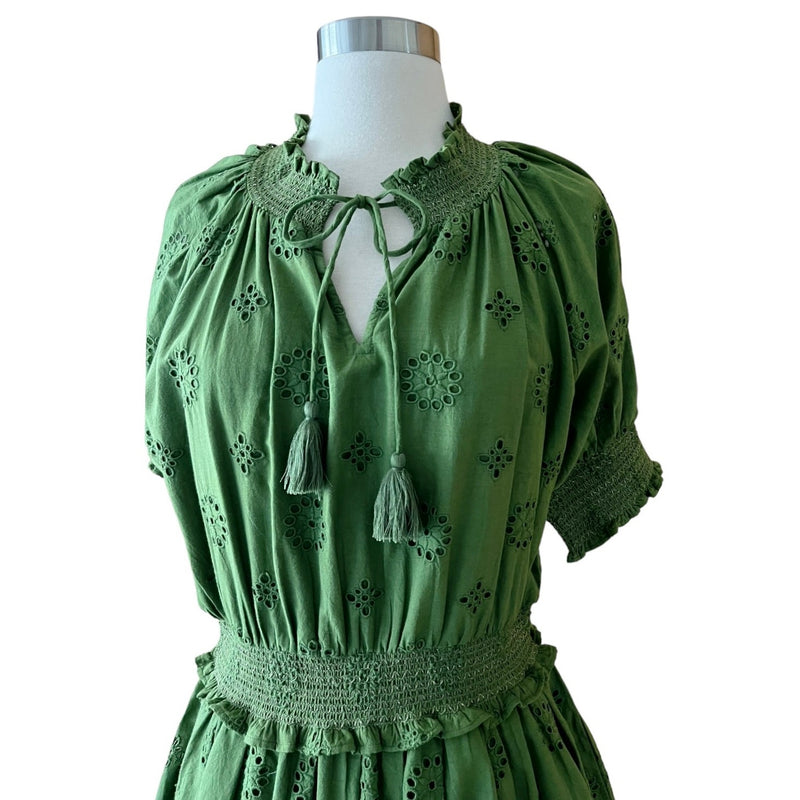 ROLLER RABBIT Fiorella Dress Astra Eyelet Green Cotton Short Sleeves Small NEW