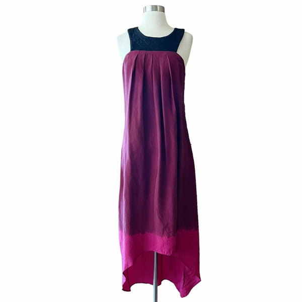 AS BY DF Silk Dress Leather Top Trim Sleeveless Burgundy Ombre Hi - Lo Medium