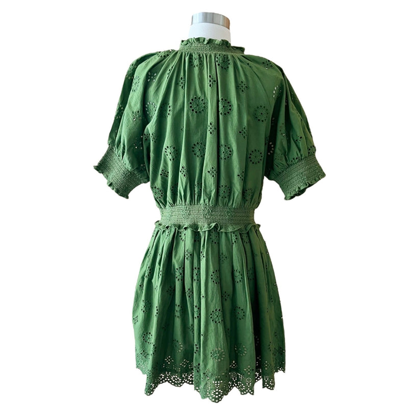 ROLLER RABBIT Fiorella Dress Astra Eyelet Green Cotton Short Sleeves Small NEW