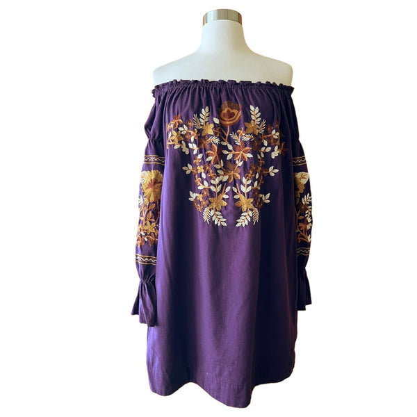 FREE PEOPLE Mini Dress Fleur du Jour Embroidered Tunic Purple Off the Shoulder