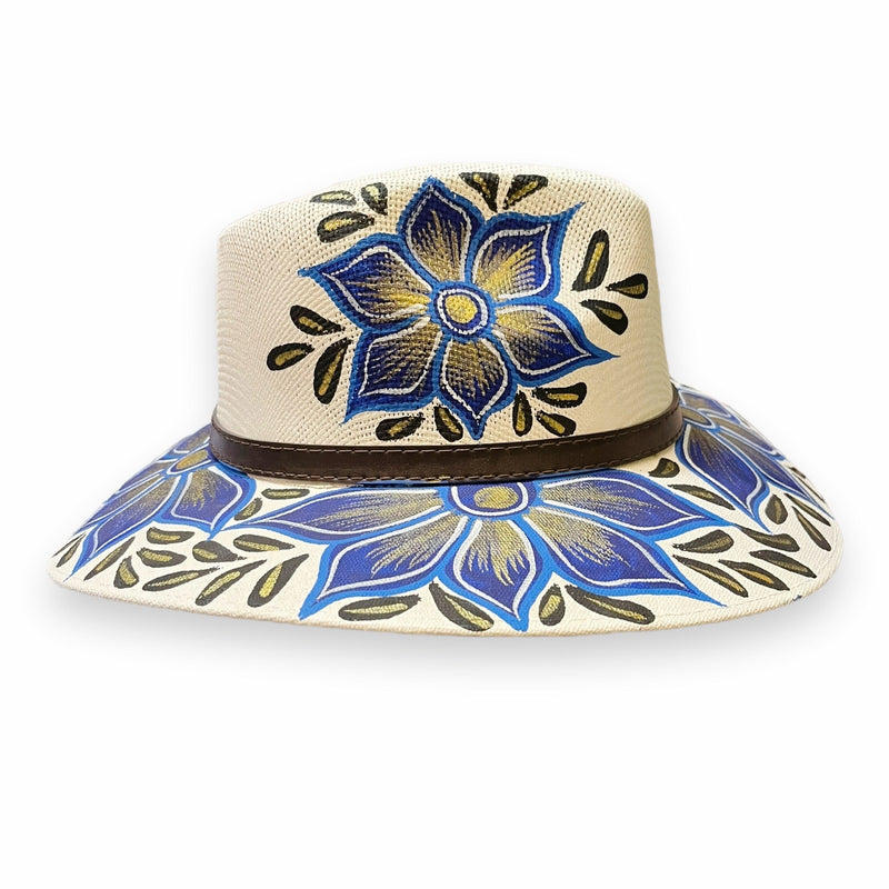 HAT MEXICAN Artisanal Hand Painted Fedora Floral Sombrero Panama Bohemian White