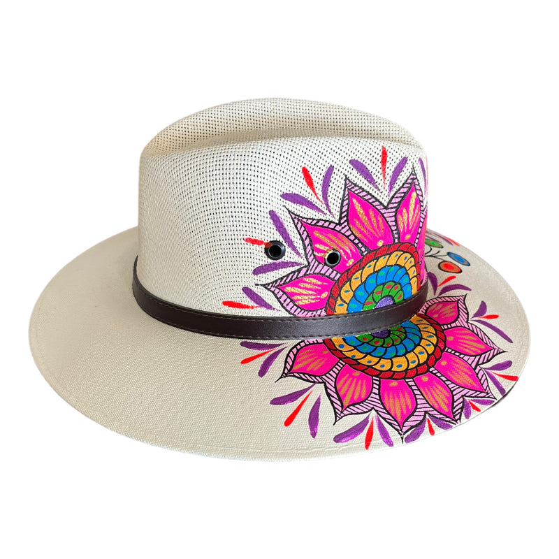 HAT MEXICAN Artisanal Hand Painted Fedora Mandala Sombrero Panama Bohemian White