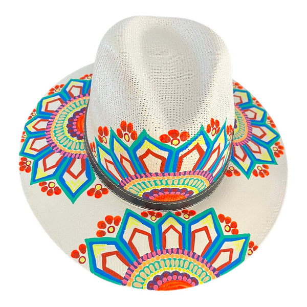 HAT MEXICAN Artisanal Hand Painted Fedora Mandala Sombrero Panama Bohemian White