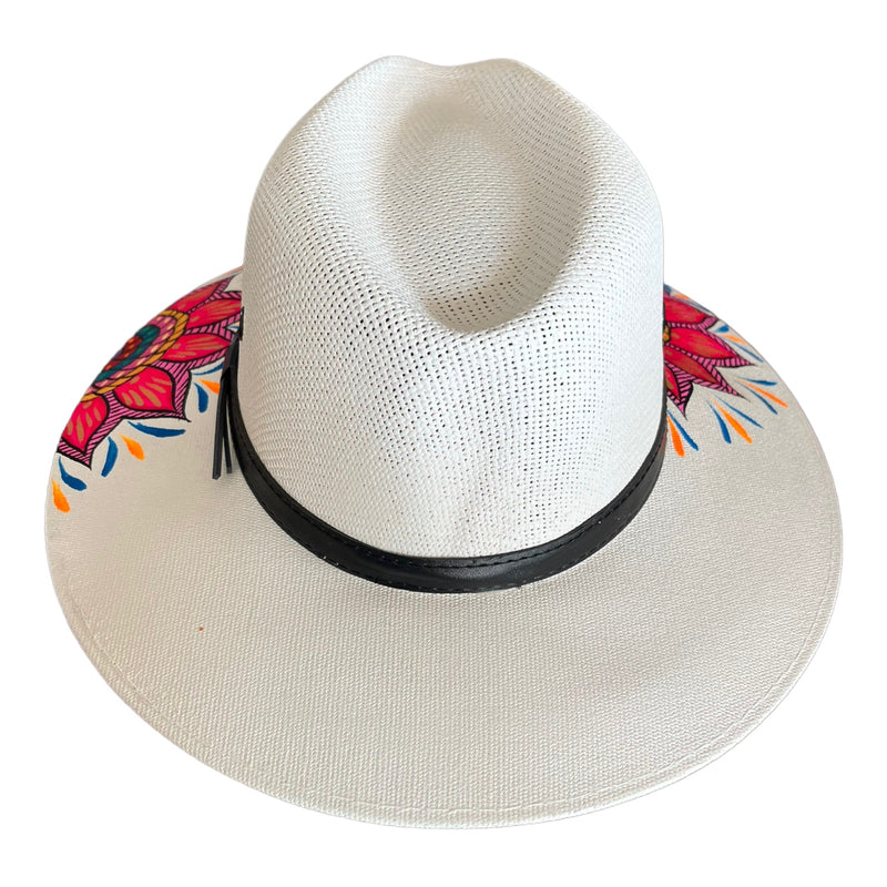 HAT MEXICAN Artisanal Hand Painted Fedora Mandala Sombrero Panama Bohemian White