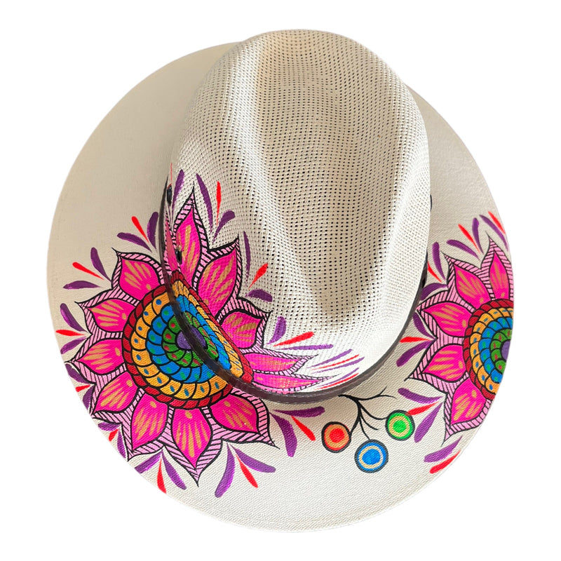 HAT MEXICAN Artisanal Hand Painted Fedora Mandala Sombrero Panama Bohemian White