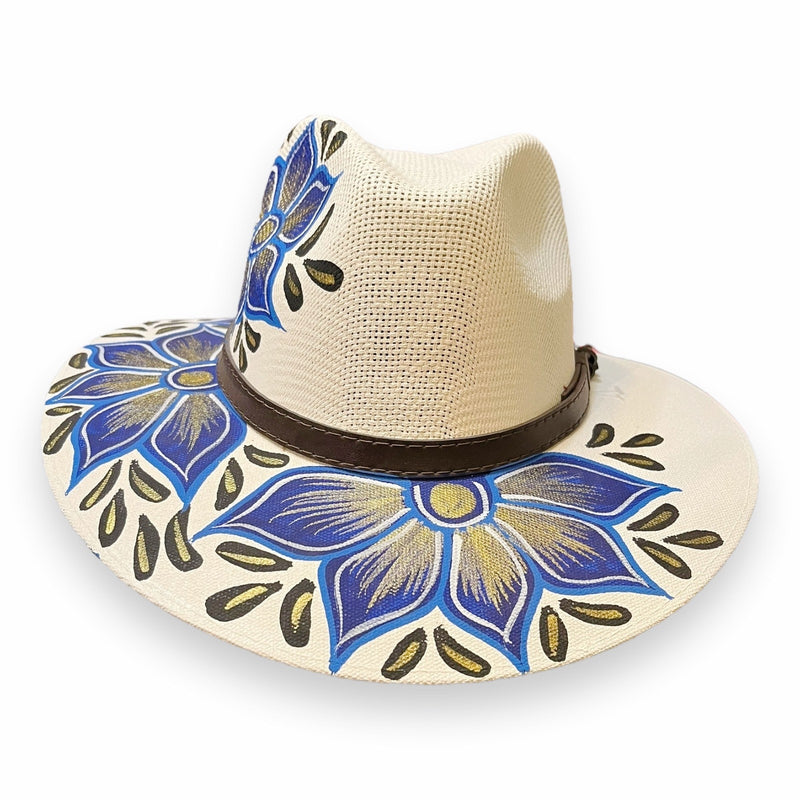 HAT MEXICAN Artisanal Hand Painted Fedora Floral Sombrero Panama Bohemian White