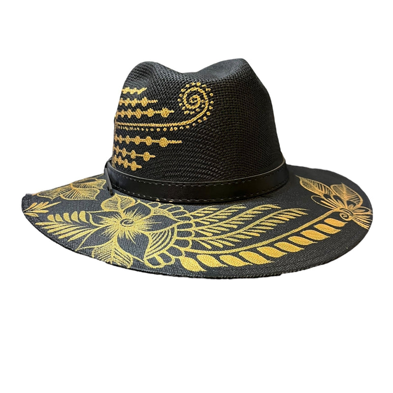 HAT MEXICAN Artisanal Hand Painted Fedora Floral Sombrero Panama Bohemian Black