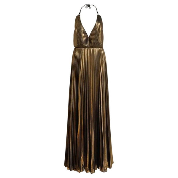 AIDAN MATTOX Pleated Folied Chiffon Halter Gown Bronze Metallic Maxi 4 EUC