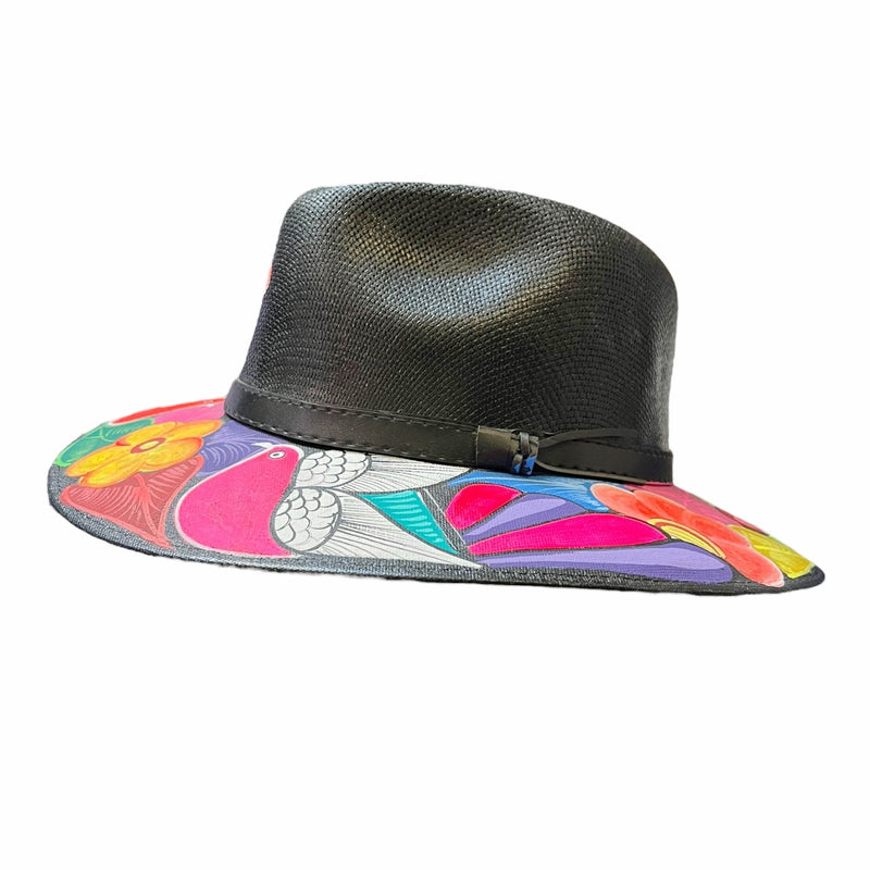 HAT MEXICAN Artisanal Hand Painted Fedora Floral Sombrero Panama Bohemian Black