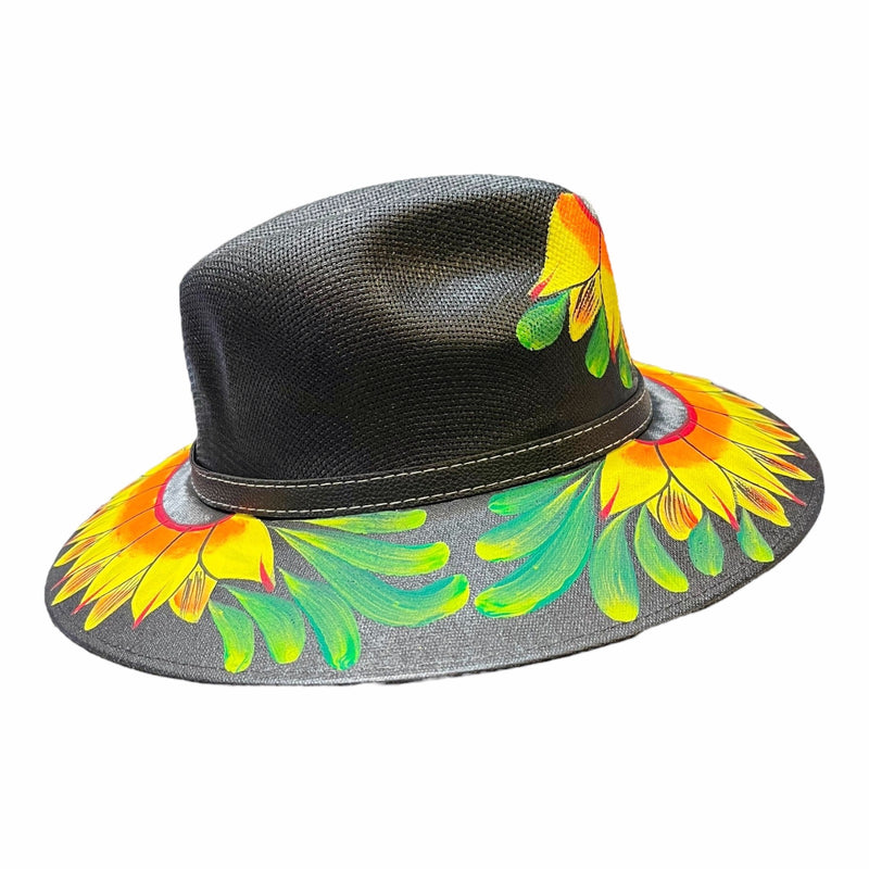 HAT MEXICAN Artisanal Hand Painted Fedora Sunflower Sombrero Panama Bohon Black