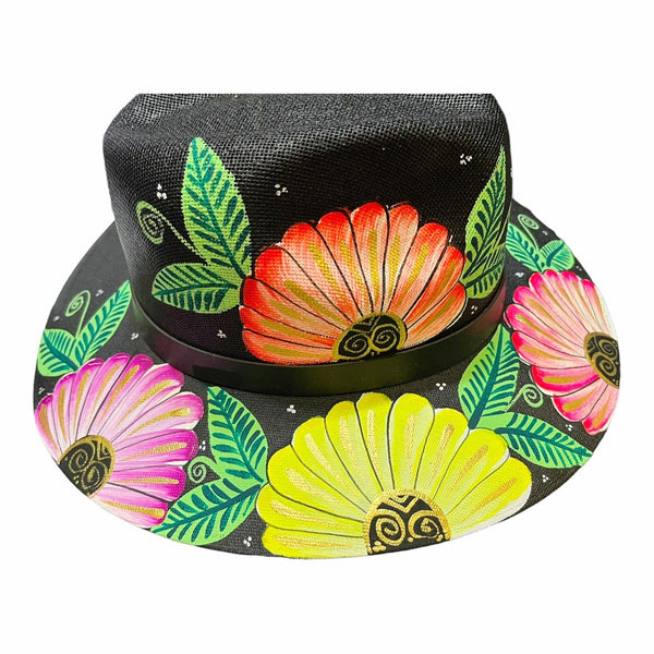 HAT MEXICAN Artisanal Hand Painted Fedora Floral Sombrero Panama Bohemian Black