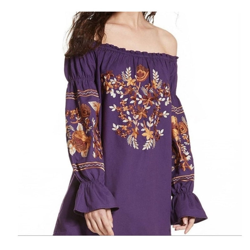 FREE PEOPLE Mini Dress Fleur du Jour Embroidered Tunic Purple Off the Shoulder