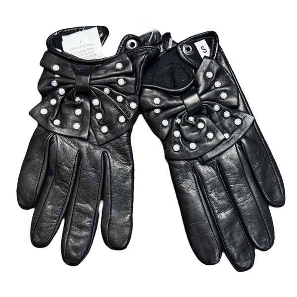 Neiman Marcus Genuine Leather Black Women Gloves Pearl Studded Bows Small NWT