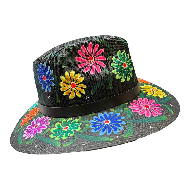 HAT MEXICAN Artisanal Hand Painted Fedora Floral Sombrero Panama Bohemian Black