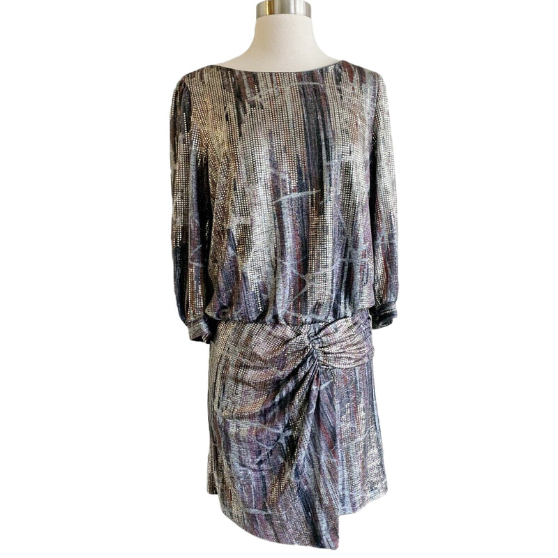 BA&SH Salina Metallic Mini Dress Lighweight Knit Silver Open Back 3 Large EUC