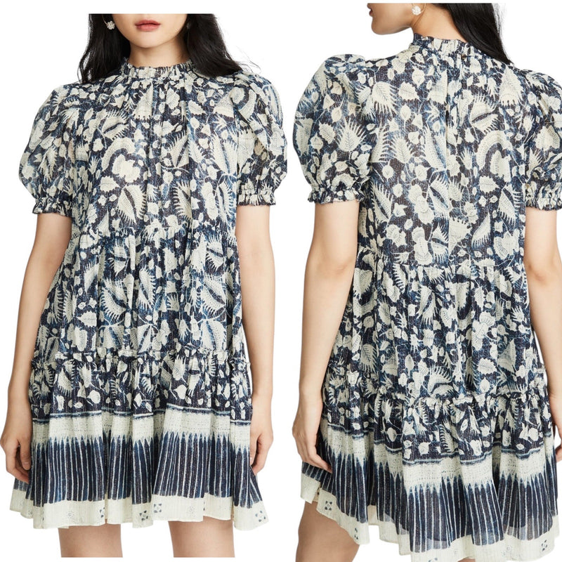 ULLA JOHNSON Dahlia Dress Blue Batik Short Puff Sleeves Crew Neck Silk Lurex 2