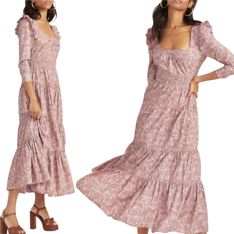 LOVESHACKFANCY Lyna Maxi Dress Tan Garden Cotton Ruffle Floral Pink S 4-6 Sample