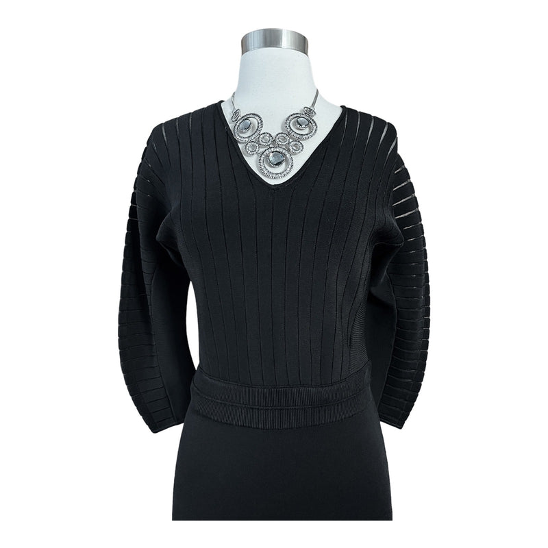 YIGAL AZROUEL Knit Dress Black V-Neck Sheath 3/4 Sleeves Designer Small EUC