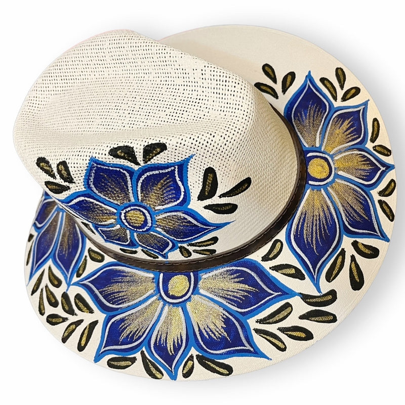 HAT MEXICAN Artisanal Hand Painted Fedora Floral Sombrero Panama Bohemian White