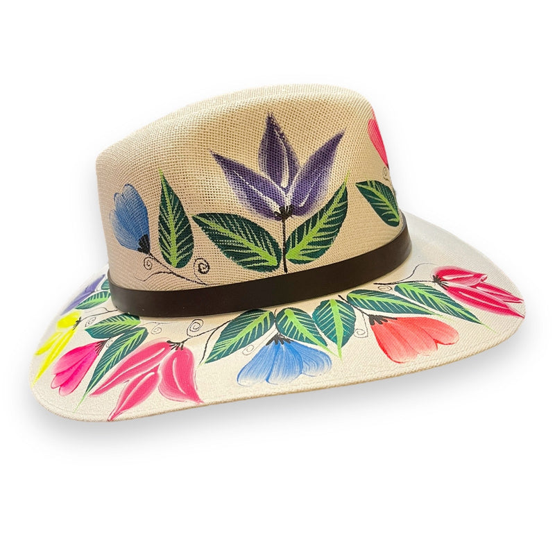 HAT MEXICAN Artisanal Hand Painted Fedora Floral Sombrero Panama Bohemian White