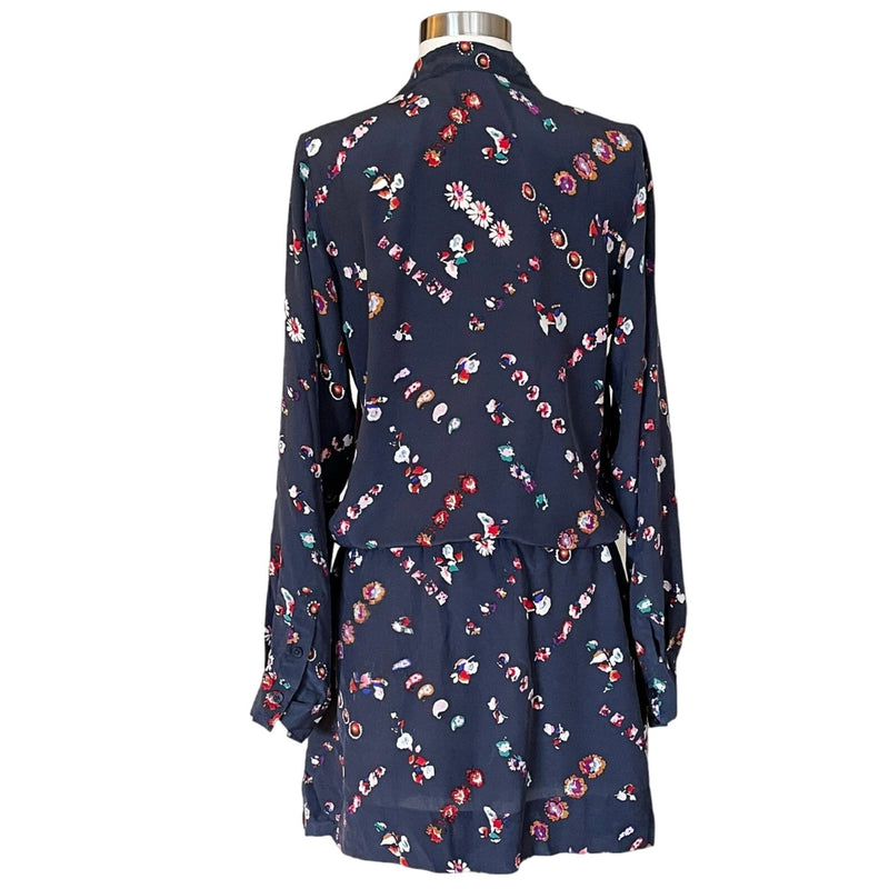 REBECCA TAYLOR SILK Mini Shirt Dress Cocktail Blue Floral Button Down Ruffles 8