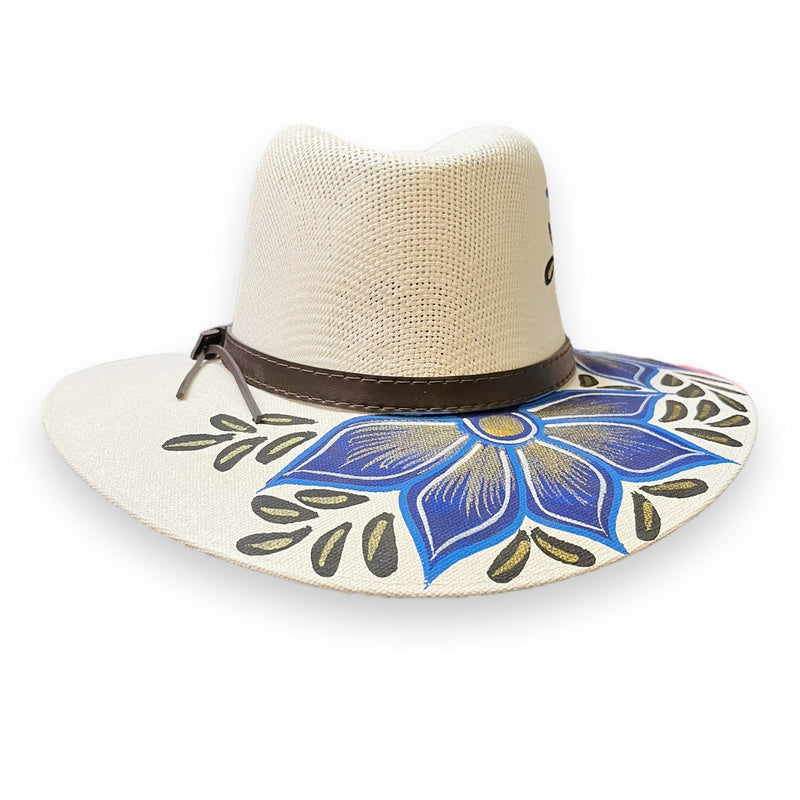 HAT MEXICAN Artisanal Hand Painted Fedora Floral Sombrero Panama Bohemian White