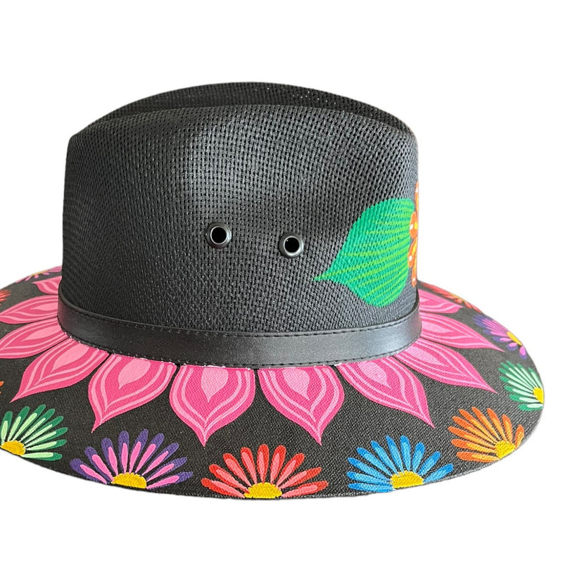 HAT MEXICAN Artisanal Hand Painted Fedora Floral Sombrero Panama Bohemian Black