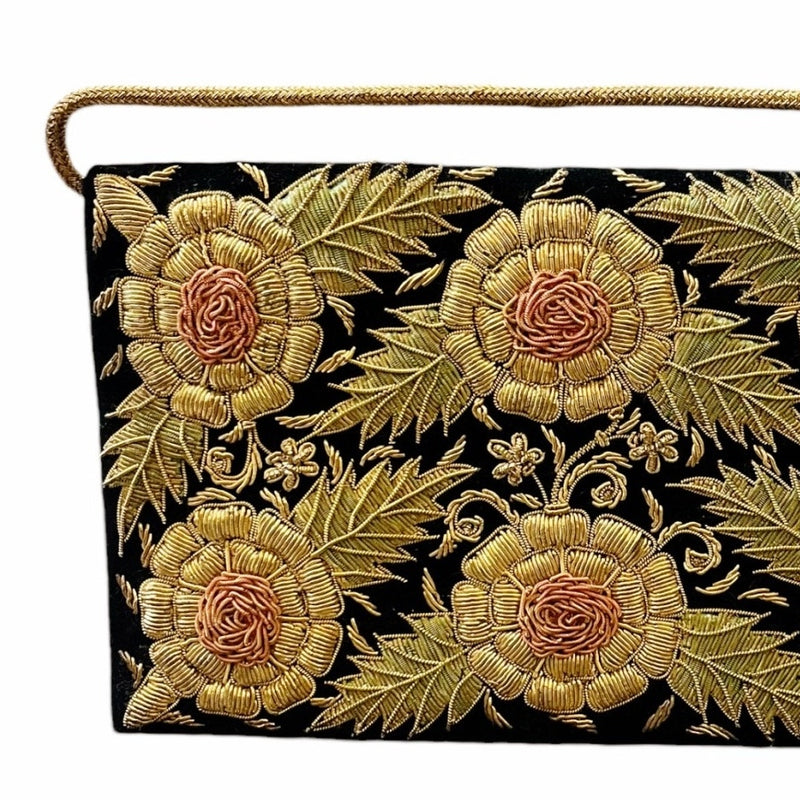 VINTAGE ZARDOZI Metal Embroidered Envelope Clutch Gold Black Velvet Handmade