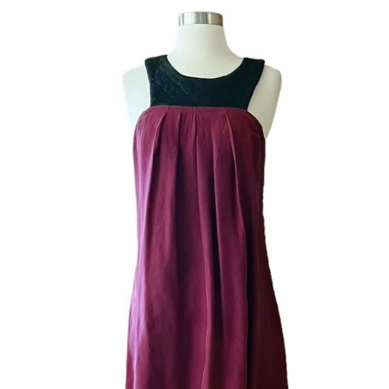 AS BY DF Silk Dress Leather Top Trim Sleeveless Burgundy Ombre Hi - Lo Medium