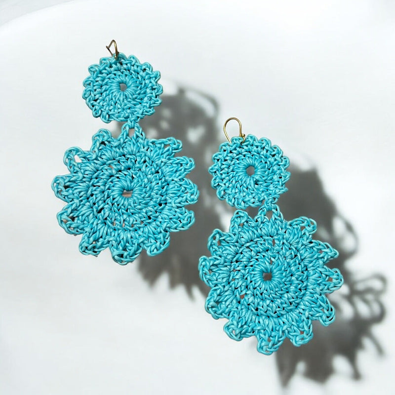 ROLLER RABBIT Macrame Earring Sky Blue Hook Crochet Boho Casual NEW