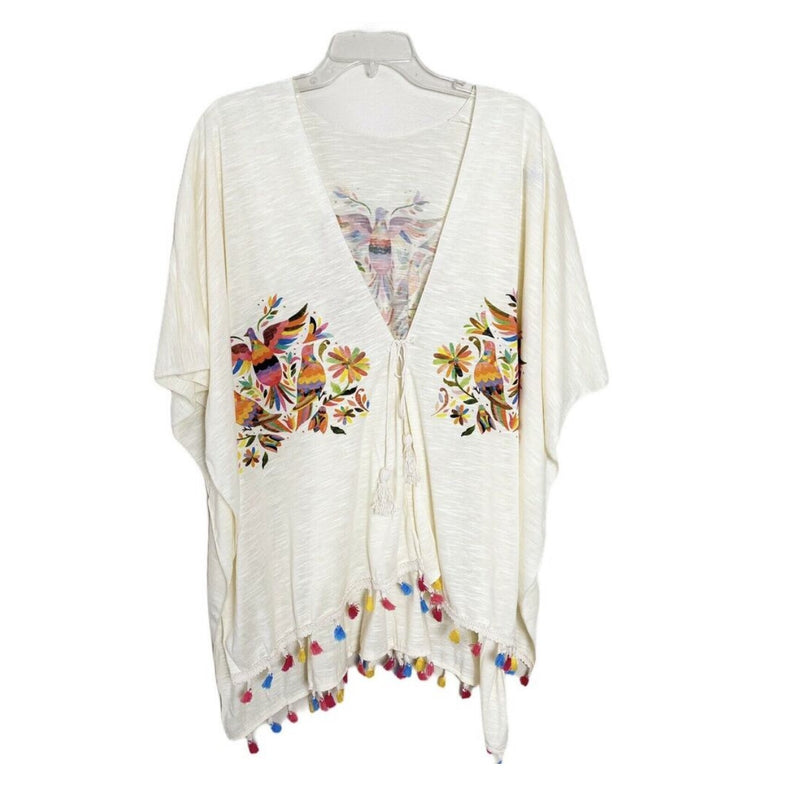 BEACH COVER UP KIMONO T. ZOVICH Otomi Graphic Shawl Natural Print Ruana Bohemian