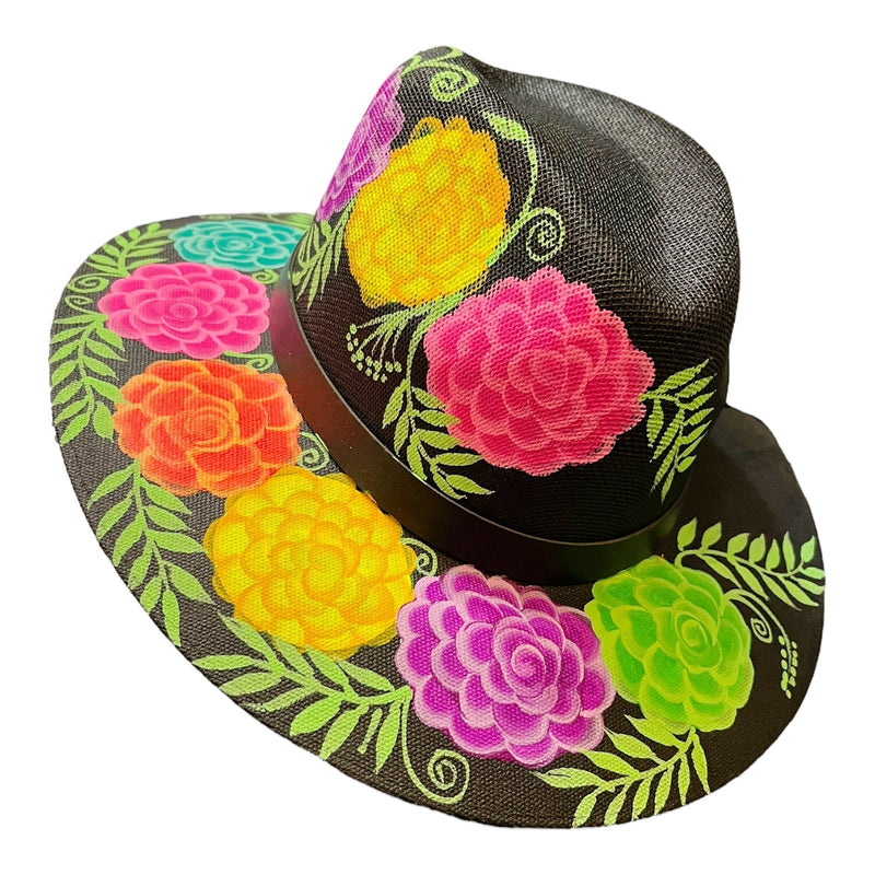 HAT MEXICAN Artisanal Hand Painted Fedora Floral Sombrero Panama Bohemian Black